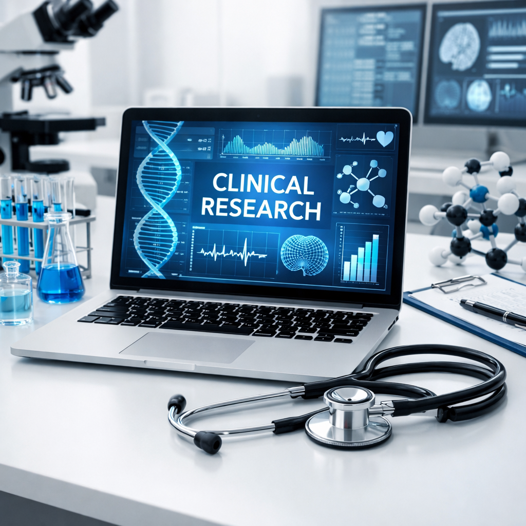 Laptop showing clinical research data with DNA strand, brain diagram, and graphs, stethoscope, microscope, test tubes on desk
