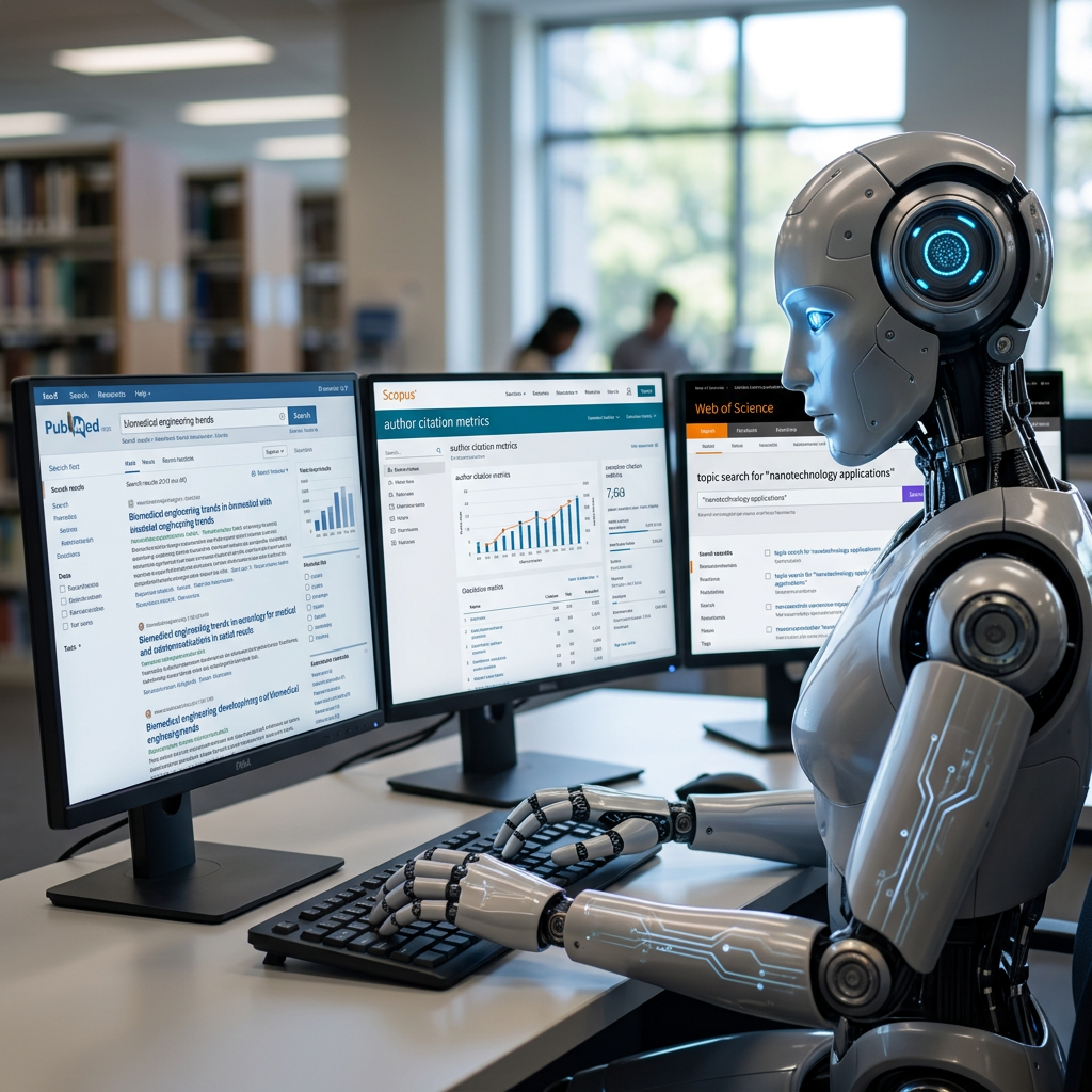 Humanoid robot interacting with three monitors displaying scientific research data and citation metrics