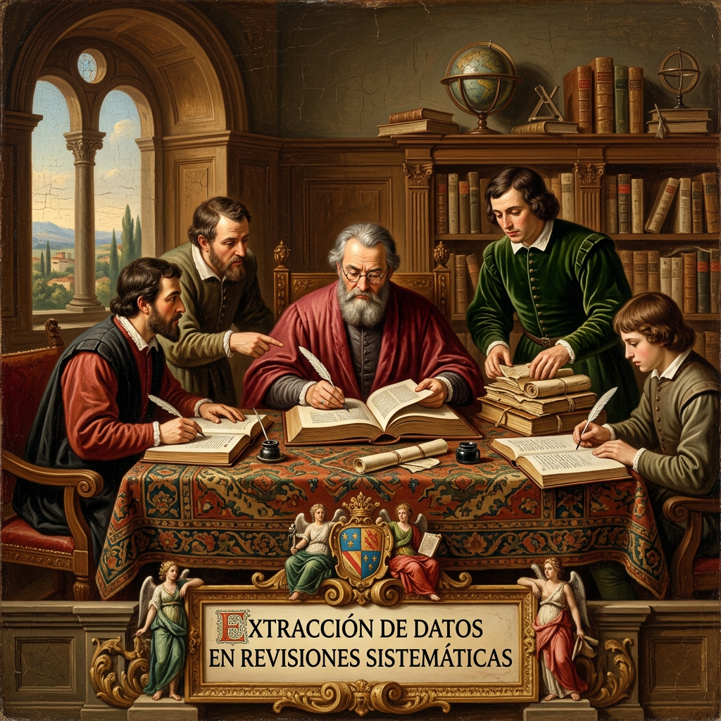 Five scholars in historical attire collaborating over books and documents on a table, with the text 'Extracción de datos en revisiones sistemáticas'