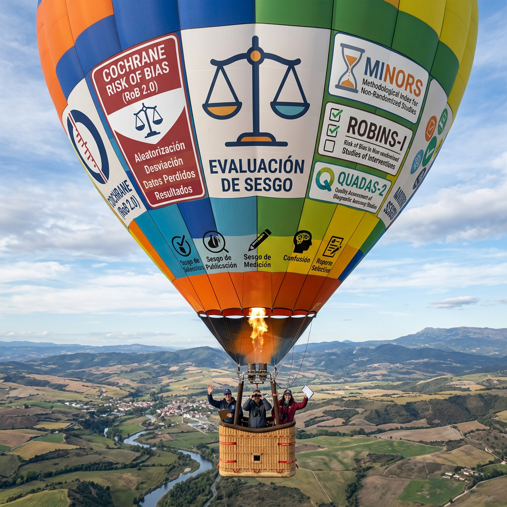 Hot air balloon with panels describing bias evaluation methods in Spanish, flying over countryside with three people in the basket waving.